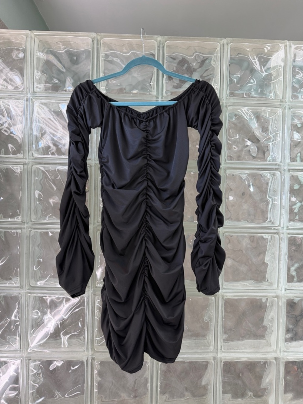 Ruched Off-Shoulder Long Sleeve Dress in Black